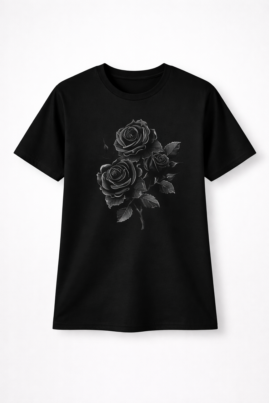T-shirt femme manches courtes + imprimé rose noire