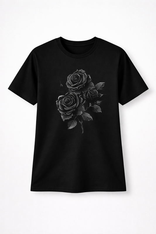 T-shirt femme manches courtes + imprimé rose noire