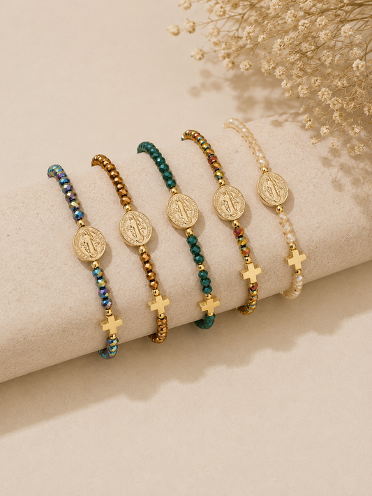 Bracelet Fin en Perles Facettées avec Médaille Miraculeuse & Croix