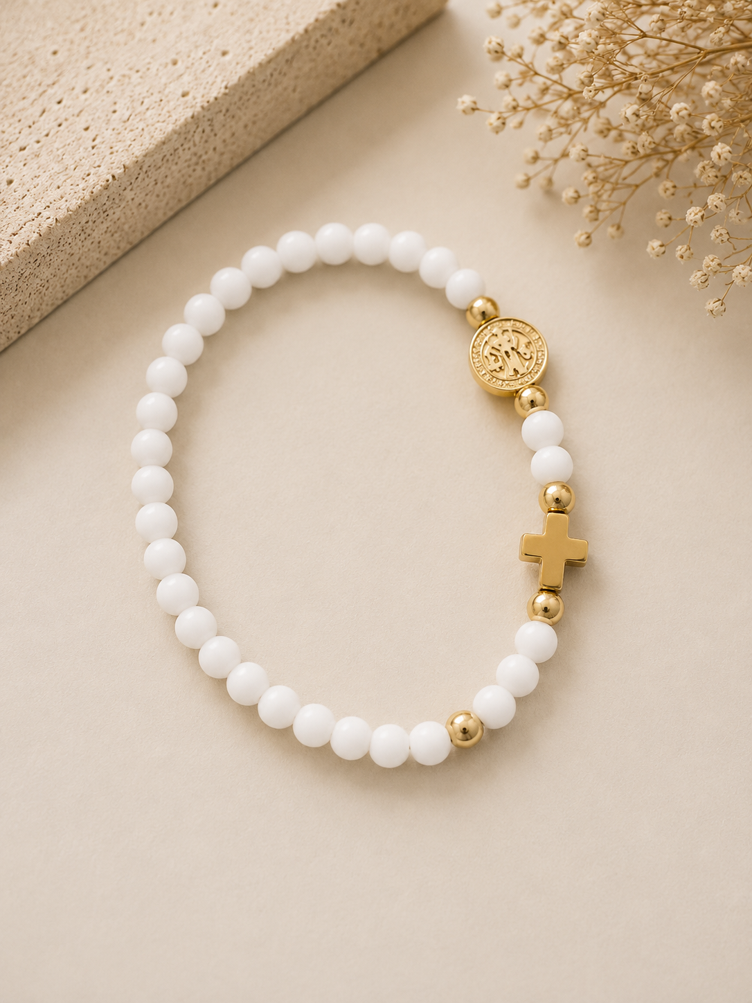 Bracelet Fin en Perles Facettées avec Médaille Miraculeuse & Croix